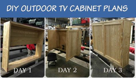 outdoor tv cabinets Diy Outdoor Tv Enclosure, Backyard Tv, Diy Outdoor Movie Screen, Outdoor Tv Enclosure, Outdoor Tv Cabinet, Tv Enclosure, Pallet Patio Furniture Diy, Wedding Backyard Ideas, Diy Floating Shelves