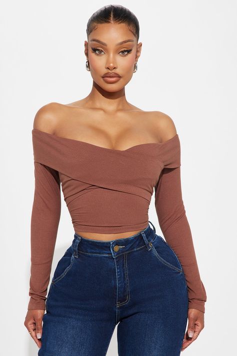 Available In Black And Brown. Off Shoulder Top Long Sleeve Cropped Ribbed 93% Rayon 7% Spandex Imported | Brittany Off Shoulder Top in Brown size Large by Fashion Nova Invitation Ideas, Off Shoulder Top, Summer Clothing, Basic Tops, Off Shoulder Tops, Brown Fashion, Womens Bodysuit, Quince, Fashion Nova