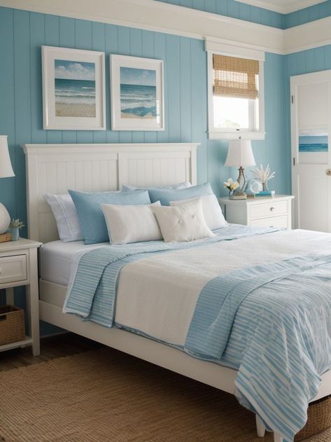 Costal Bedroom, Rattan Bed Frame, Beach Themed Bedroom, Blue Accent Walls, Beach House Bedroom, Coastal Bedrooms, Beach Bedroom, Coastal Bedroom, Beach House Interior