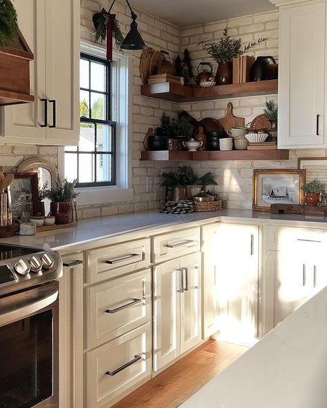 Open Corner Shelves Kitchen, How To Decorate Kitchen Shelves, Kitchen Shelf Ideas, Kitchen Corner Shelves, Rustic Kitchen Shelves, Floating Kitchen Shelves, Industrial Pipe Furniture, Whiskey Barrel Furniture, Live Edge Furniture