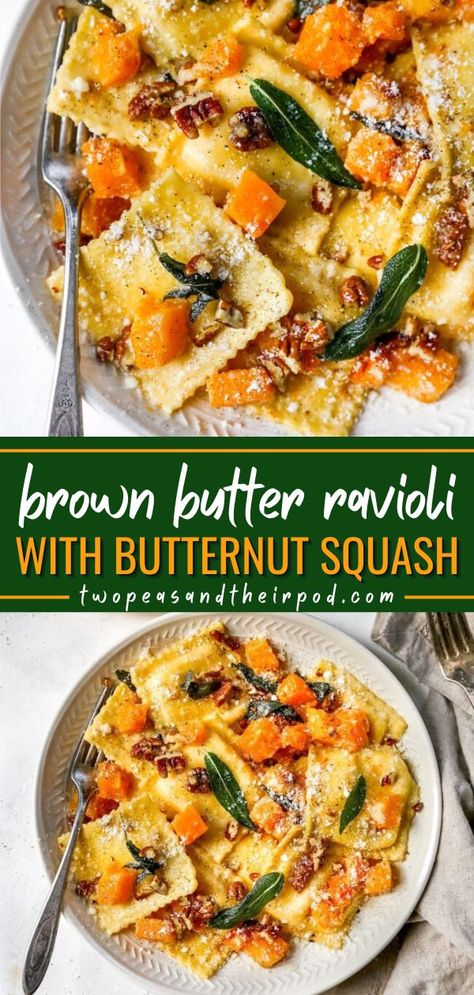 The flavors of this Brown Butter Ravioli with Butternut Squash are incredible! Nutty brown butter, butternut squash, ravioli, sage, and pecans, this delicious dish make a great Thanksgiving dinner recipe or easy Fall food recipe! Brown Butter Ravioli, Butternut Squash Ravioli Sauce, Butternut Squash Sage, Squash Ravioli, Butternut Squash Ravioli, Easy Autumn Recipes, Fall Recipes Healthy, Fall Comfort Food, Best Vegetarian Recipes