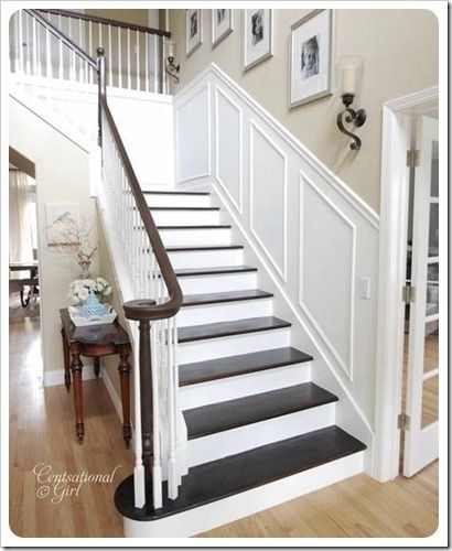 cgwoodstaircase_thumb Stained Wood Trim, Vstupná Hala, Painted Staircases, Diy Staircase, Staircase Remodel, Staircase Makeover, Wood Staircase, Casa Country, Lan Can