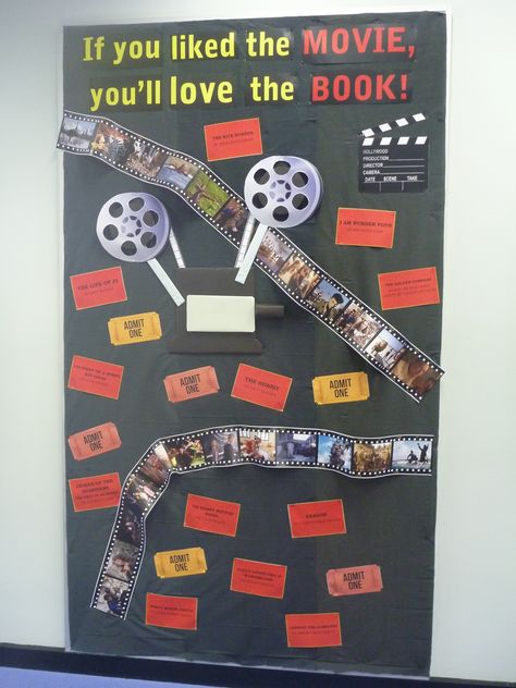 Book to movie display. If you liked the movie, you'll love the book! Movie Theme Book Fair, Red Carpet Decorations, Page Turner Books, Book Installation, Theatre Classroom, School Library Bulletin Boards, Book Cart, Library Bulletin Board, Imagination Station