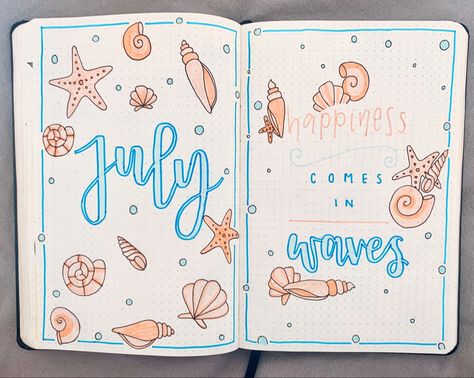 July Theme Bullet Journal, Ocean Journal Page, July Bujo Theme Ideas, Bujo Sea Theme, Bujo Beach Theme, Bujo Ocean Theme, Beach Journal Ideas, Summer Bujo Themes, Bullet Journal Beach Theme