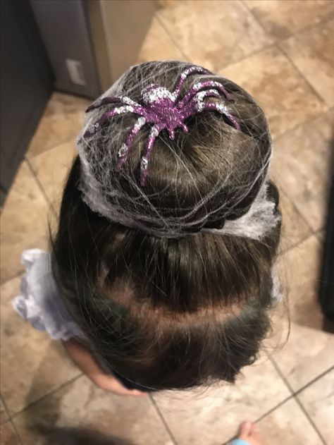 Halloween hair idea. Basic bun with spider web and spider attached. Fun hair ideas. Spider Makeup Kids, Spider Crazy Hair Day, Spider Bun Hair, Crazy Hair Day Halloween Ideas, Toddler Halloween Hairstyles, Halloween Hair Ideas For Kids, Toddler Halloween Hair, Ghost Hair Buns, Kids Halloween Hairstyles