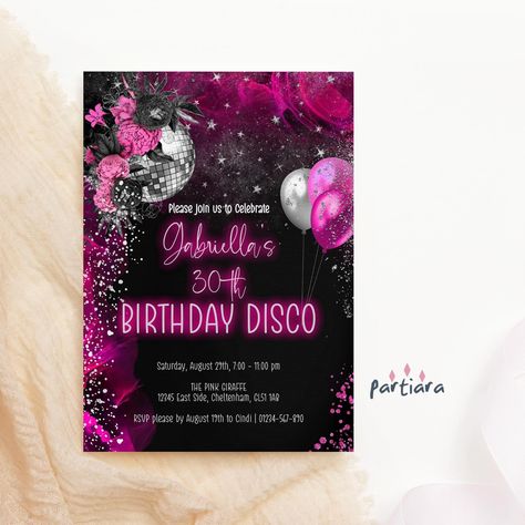 Editable Neon Pink Disco Invitation Template Ladies Hot Pinks Silver Birthday Dinner Dance Invite Printable Digital Instant Download P855 PLEASE NOTE THE NEON 'BIRTHDAY DISCO' TEXT IS NOT EDITABLE ★★ MATCHING ITEMS ★★ To see more from the Collection, take a look here:  https://www.etsy.com/uk/shop/partiara?ref=seller-platform-mcnav&search_query=P855 TRY OUT THE FREE DEMO BEFORE YOU BUY! Copy and paste the URL into your browser to demo: https://www.corjl.com/d/4J42PI Create your personalized party invitation in minutes. Download, print or send online. Easy to customize, using our editable template design.  An elegant 5 x 7" design neon disco / dance party invitation for self-editing, downloading and printing. Edit online in your browser, no software required. Once edited, you are able to do Disco Invitation Template, Birthday Disco, Dance Party Invitations, Pink Disco, Love Website, Neon Birthday, Neon Rose, Silver Birthday, Silver Decor