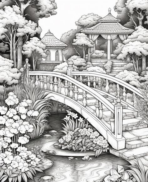 Temple Tattoo, Garden Coloring Pages, Garden Illustration, White Drawing, Coloring Pages For Adults, Colouring Techniques, Grayscale Coloring, Flower Coloring Pages, Unique Canvas