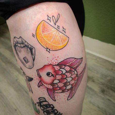 Rainbow Fish Tattoo, Fruit Flash Tattoo, Lemon Wedge Tattoo, Summer Tattoo, Rainbow Fish, Lemon Wedge, Tres Chic, Summer Fruit, Flash Tattoo