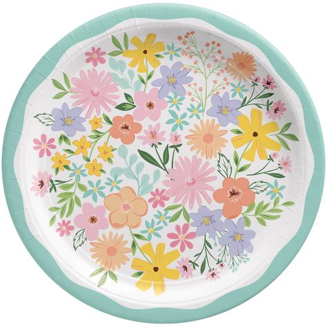 "Your table will bloom with color with place settings made up of these dinner plates from Michaels. com. Each round paper plate features a refreshing pale teal border centered by a pastel palette of assorted spring flowers. Their large size is perfect for supporting hearty meals and their disposable paper construction makes cleanup a breeze. Your table will bloom with color with place settings made up of these dinner plates. Each round paper plate features a refreshing pale teal border centered Floral Paper Plates, Easter Party Food, Bird Party, Spring Celebration, Pastel Palette, Blue Border, Spring Party, Happy Flowers, Pastel Flowers