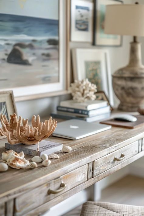 Coastal Office Ideas for a Serene Workspace Coastal Office Desk, Coastal Office Decor Work Spaces, Nautical Office Decor Ideas, Hamptons Study, Coastal Office Ideas, Coastal Office Decor, Nautical Office Decor, Coastal Home Office, Nautical Office