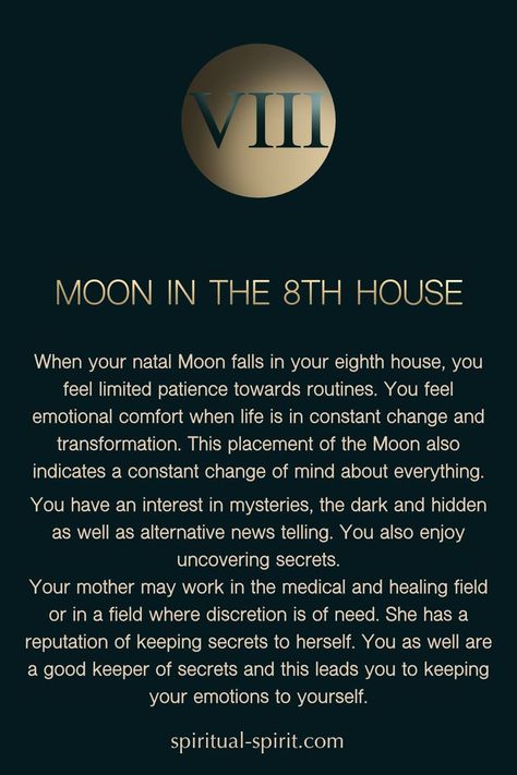 Characteristics of a person with their natal moon in the eighth house according to vedic astrology. Please note that this information is general and may not completely resonate with you due to your personal planetary plcements. #vedicastrology #moonintheeighthhouse #mooninastrology #moonsign #astrology #birthchart Moon In 8th House, 9th House Astrology, Vedic Astrology Charts, Astrological Houses Explained, Vedic Astrology Houses, Birthchart Astrology Houses, 8 House, Aries Moon, Black Moon Lilith