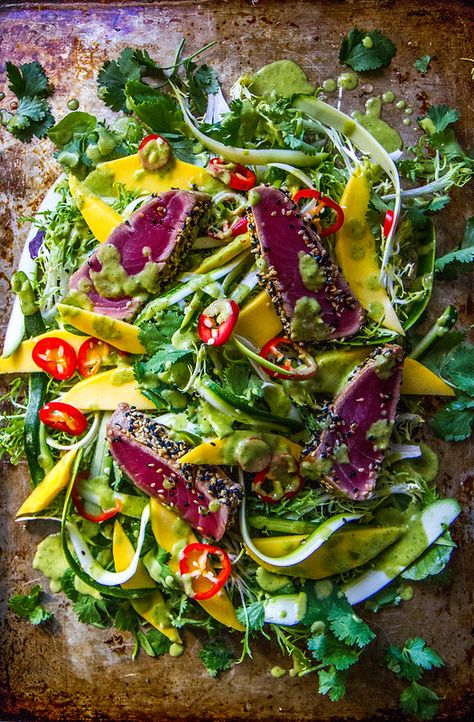 Seared Tuna with Chili and Mango Cilantro Ginger Vinaigrette - Heather Christo Salad With Chili, Seared Tuna Salad, Ginger Vinaigrette, Spring Salads, Salads Recipes, Seared Tuna, Tuna Recipes, Allergy Free Recipes, Asian Fusion