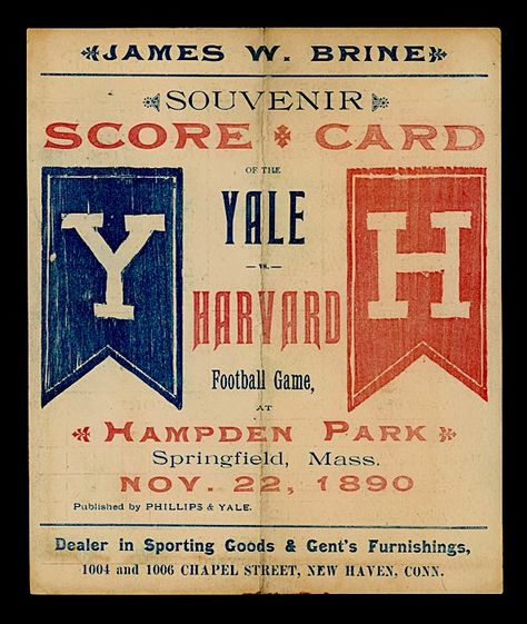 Here's a score card for a ball game between our rival Yale. This was from my first year attending Harvard University, although it seems like it was only yesterday. Vintage University Aesthetic, Yale Aesthetic Logo, Yale Wallpaper Aesthetic, Harvard Poster, Yale Shirt Aesthetic, Collegiate Aesthetic, Harvard Vs Yale, Harvard Football, Harvard Yale Game