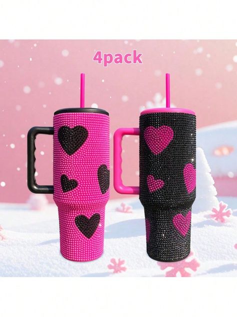 4pcs / 8pcs / 12pcs USA Warehouse 40oz Sweet Heart Bling Rhinestone Tumbler Pink & Black Color Heart Pattern Travel Mug Ice Coffee Cup With Handle And Flat Lid And Plastic Straw, Double Wall Stainless Steel Material, For Women Gifts Black         Kitchen & Dining, size features are:Bust: ,Length: ,Sleeve Length: