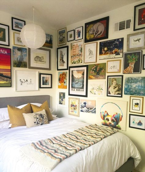 Over The Bed Wall Decor Eclectic, Photo Wall Headboard, Art Gallery Bedroom Ideas, Reading Corner Gallery Wall, Modern Boho Gallery Wall, Wall Covered In Art, Galary Wall Decor Bedroom, Small Bedroom Gallery Wall, Gallery Wall Inspiration Bedroom