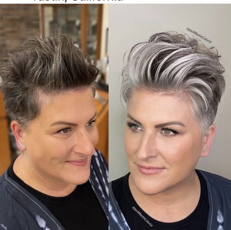 Pixie Cut With Highlights, Brunette Pixie, Gray Balayage, Grey Hair Transformation, Short Dark Hair, Grey Highlights, Transition To Gray Hair, Blending Gray Hair, Permanent Hair Dye