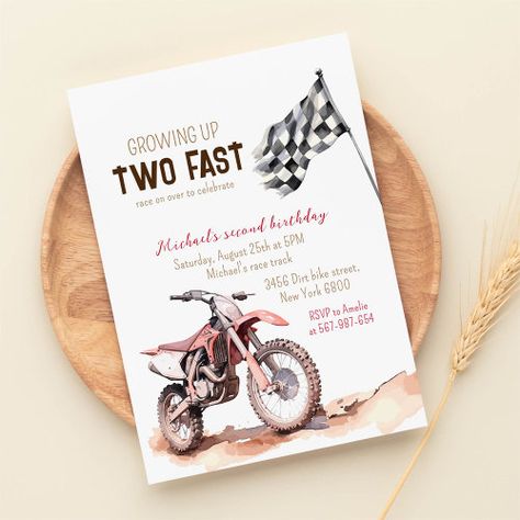 Growing Up Two Fast Red Dirt Bike 2Nd Birthday Invitation #zazzle #weddinginvitations #birthdayinvitations #babyshowerinvitations #zazzleinvitations #monogram #businesscards #graduation #homedecor Two Fast Birthday Dirt Bike, Dirtbike Birthday Party, Red Dirt Bike, Growing Up Two Fast, Motorcycle Birthday Parties, Bike Birthday Parties, Dirt Bike Party, Two Fast Birthday, Motorcycle Birthday