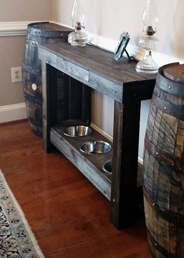 Pet feeding stand and console tables with 18" drawer and three 7.5" diameter holes for bowls #8789F Dog Feeding Station, Wine Barrels, Feeding Station, Dog Food Storage, Dog Rooms, Diy Dog, Dog Bowl, Dog Feeding, Dog Decor