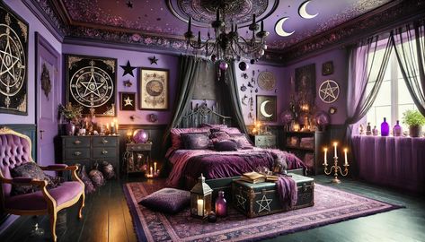 Welcome to 'Purple Witchy Bedroom Ideas,' where we brew up a mystical vibe with a dash of purple magic! Ever wondered what it’s like to sleep in a room that whispers tales of enchantment each night? What if your bedroom could not only be your sleeping sanctuary but also your personal mystical retreat? Let's dive into a world where deep purple hues meet witchy decor, creating spaces that feel like stepping into a spellbinding story. Can a splash of purple and some whimsically witchy accents ... Victorian Purple Bedroom, Purple Witchy Bedroom Ideas, Descendants Bedroom Ideas, Witchy Bedroom Ideas Victorian, Purple Witch Bedroom, Purple Witchy Bedroom, Gothic Bedroom Ideas Diy, Purple And Black Room Ideas, Dark Witch Aesthetic Bedroom