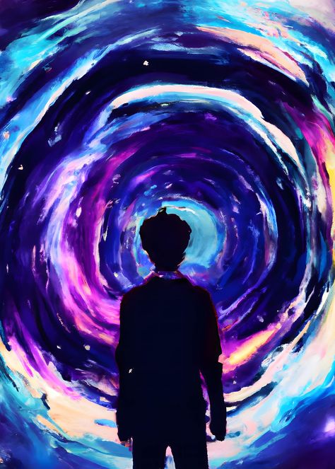 A lone adventurer stands triumphantly before a swirling, purple and blue wormhole, the gateway to countless unexplored realms of digital space. Multiverse Concept Art, Portal In The Sky, Wormhole Drawing, Wormhole Aesthetic, Multiverse Portal, Wormhole Art, Hopeful Art, Purple Portal, Portal Aesthetic