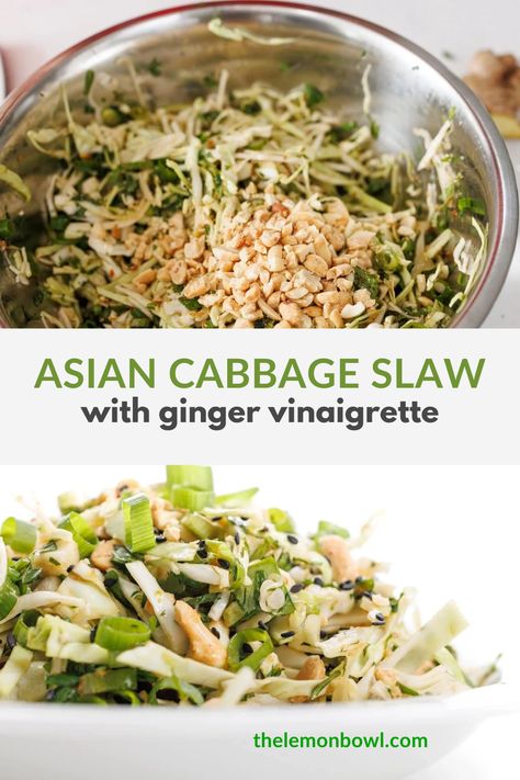 Looking for a delicious and healthy side dish for your stir-fries? Try this vibrant and flavorful Asian Cabbage Slaw! Packed with fresh ingredients and tossed in a zesty ginger vinaigrette, it's crispy, crunchy, and the perfect companion to your next meal. Don't wait any longer, grab the recipe and give this cabbage recipe a try! Your taste buds will thank you. Asian Recipes With Cabbage, Asian Cabbage Slaw, Wonton Salad, Ginger Slaw, Asian Cabbage, Ginger Vinaigrette, Lemon Salad, Cabbage Salad Recipes, Healthy Asian Recipes