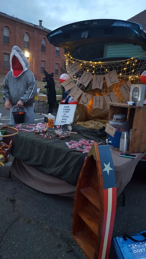 Gone Fishing Trunk Or Treat Ideas, Fishing Themed Trunk Or Treat, Fishing Trunk Or Treat Ideas For Cars, Trunk Or Treat Fishing Theme, Fish Trunk Or Treat, Fishing Trunk Or Treat Ideas, Trunk Or Treat Fishing, Fishing Trunk Or Treat, Fish Market Halloween