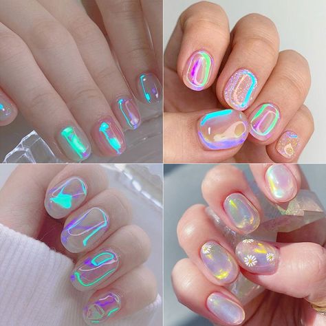 Cursed Nails, Mylar Nails, Bare Nails, Aurora Nails, Foil Nail Art, Nail Foil, Nails Natural, Glass Nails, Trendy Nail Art