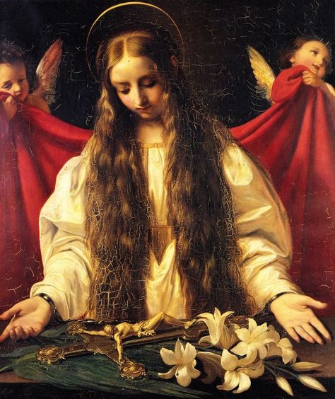 St. Philomena, Virgin, Martyr and Wonderworker. St. Philomena has the distinction of being the only saint canonized SOLELY on the basis of the profound miracles attributed to her intercession. Santa Filomena, Saint Philomena, St Dymphna, Mary Magdalene, Catholic Art, Classical Art, Black Mamba, Sacred Art, An Angel