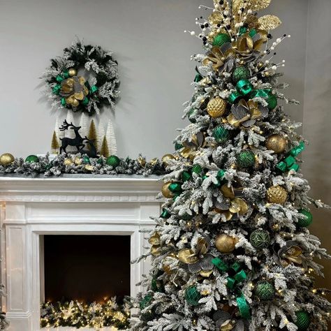 A Christmas tree to support our fellow Aussies competing in the Olympics! 🇦🇺 Emerald or forest green is one of my favourite colours right now, and we have so much of it coming in our Midnight at Emerald City Theme. This theme uses emerald green, black, white, and a bit of gold. You can also incorporate a touch of blue. When we recreate this look later in the year, we plan on using a lot more green and softening the gold with a touch of champagne, plus add some bolder touches of black. We we... Gold Green Christmas Decorations, Emerald And Gold Christmas Tree, Emerald Green And Gold Christmas Tree, Dark Green Christmas Decor, Emerald City Theme, Emerald Green Christmas Tree, Green And Gold Christmas Tree, Emerald Christmas, Green Christmas Decorations