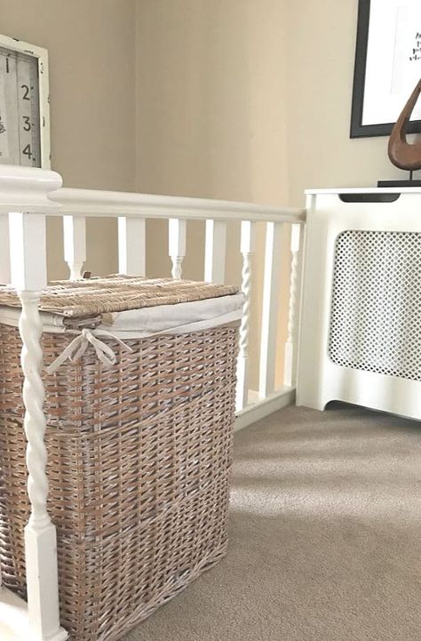 Laundry Basket on a landing. Easy place to store your washing basket because it's accessible to everyone, and it's right outside the bathroom #laundrybasket #washing #wicker Wash Basket, Wooden Washing Basket, Washing Baskets, Where To Put Laundry Basket In Bedroom, Wash Basket Ideas Storage, Washing Basket Ideas, Laundry Basket In Bedroom, Wicker Washing Basket, Laundry Basket Bedroom