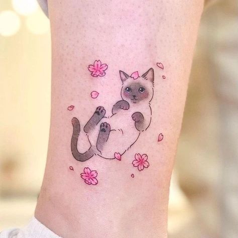 Pink Cat Tattoo, Cat Mom Tattoo, Flower Cat Tattoo, Cat With Strawberry Tattoo, Cat Tattoo Coquette, Kawaii Cat Tattoo Ideas, Blossoms Tattoo, Kawaii Tattoo, Cherry Blossom Tattoo