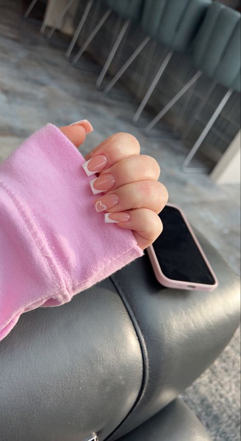 acrylic nails with french tips and a love heart on ring finger nail Sns Nails With Design, Acrylic Aesthetic, Nails With Design, Sns Nails, Simple Nails, Nail Inspo, Nails, Quick Saves, Design