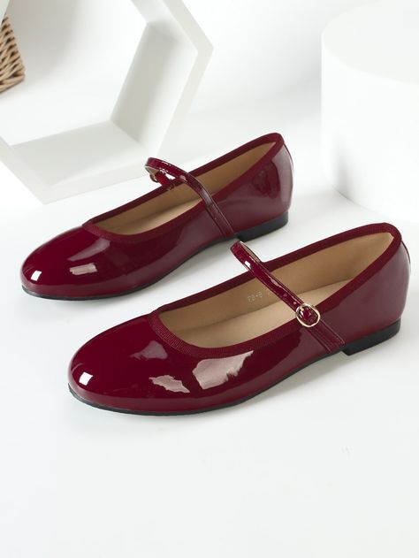 Red Mary Jane Shoes, Red Shoes Flats, Burgundy Flats, Shein Shoes, Zapatos Mary Jane, Mary Jane Shoes Flat, Burgundy Shoes, Red Flats, Women Flats