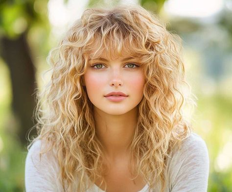 3+ Curly Hair with Bangs Ideas for Every Face Shape • 333+ Inspiring Lifestyle Ideas Long Permed Hair With Bangs, Wispy Fringe Bangs Curly Hair, Curly Hair Front Bangs, Long Hair Perm With Bangs, Perm With Straight Bangs, Waterfall Bangs Curly Hair, 2c Curly Hair With Bangs, Wispy Bangs Round Face Curly Hair, Curly Hair Hairstyles With Bangs