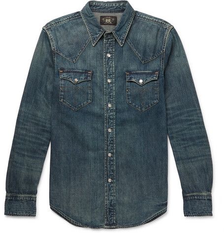 RRL SLIM-FIT WASHED-DENIM WESTERN SHIRT - INDIGO. #rrl #cloth Wing Boots, Shirts For Men Designer, American Workwear, Western Denim Shirt, Red Wing Boots, Traditional Embroidery, Japanese Denim, Heritage Fashion, Red Wing