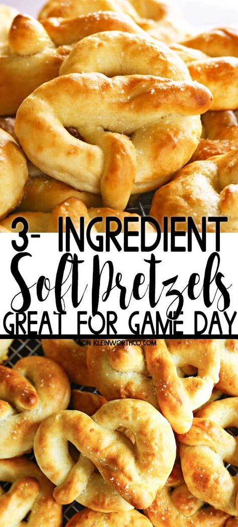 Warm, soft & buttery 3-Ingredient Soft Pretzels are so easy to make! They can be topped with traditional sea salt or cinnamon & sugar for a sweet treat! #pretzels #softpretzels #3ingredient #easypretzelrecipe #gameday #party #tailgating #homegating #homemadesoftpretzels #snackrecipes #gamedaysnacks Soft Pretzel Recipe Easy, Savoury Appetizers, Freezer Snacks, Gameday Party, Homemade Breadsticks, Pretzel Recipe, Soft Pretzel Recipe, Homemade White Bread, Chewy Bread