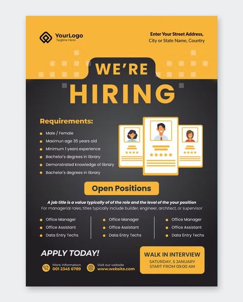 Company Job Hiring Flyer Template AI, EPS, PSD Hiring Flyer, Job Hiring, Office Assistant, Company Job, Office Manager, Graphic Design Ads, We Are Hiring, Data Entry, Jobs Hiring