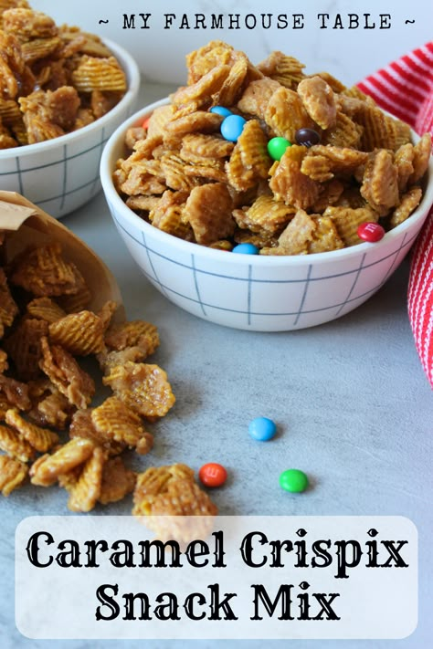 Caramel Crispix Snack Mix - My Farmhouse Table Crispix Cereal Recipes, Crispix Mix Recipes Original, Crispix Snack Mix Recipe Sweet, Snack Mix Gluten Free, Caramel Snack Mix Recipes, Holiday Chex Mix Christmas, Sweet Snack Mixes For A Crowd, Crispix Mix Recipes, Carmel Crispix Treat