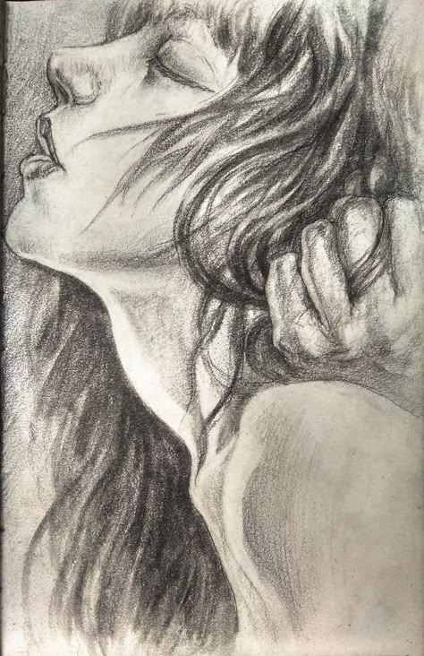 drawing a female figure8 Pencil sketch of a woman's face, eyes closed, with flowing hair and an expressive hand gesture. | Sky Rye Design Face Eyes Closed, Hyunjin Tattoo, Drawing Dance, Dessert Drawing, Wedding Wallpaper, Medusa Art, Poses Lighting, Body Image Art, Nude Artwork