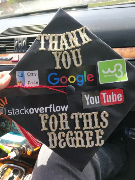 Graduated with a computer science degree this weekend. I decorated my graduation cap. Computer Science Cap Decoration, Graduation Cap Computer Science, Graduation Cap Designs Computer Science, Computer Science Graduation Cap, Science Graduation Party, Computer Science Graduation, It Graduation Cap, Senior Caps, Funny Graduation Caps