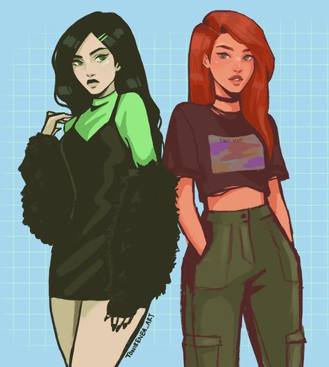 this feels like a couple but i also want to be both of them.. or one of them with the other as a couple idk its 3am WAIT ITS KIM POSSIBLE Tonirenea Art, Shego And Kim, Japon Illustration, Kim Possible, Cute Art Styles, Girls Cartoon Art, Powerpuff Girls, Disney Art, Titanic