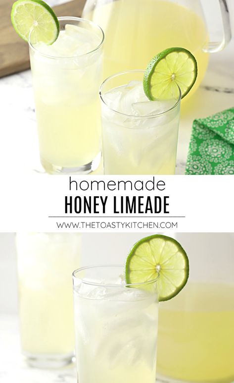 Homemade Honey Limeade recipe - by The Toasty Kitchen #honeylimeade #limeade #homemadelimeade #recipe #nonalcoholic #kidfriendly #summerdrink #springdrink #lime #drinkrecipe #recipe Lemon Limeade Recipe, Fresh Limeade Recipe, Mint Lemonade Recipe, Summer Fruit Recipes, Honey Lemonade, Limeade Recipe, Lime Lemonade, Honey Drink, Drink Garnishing