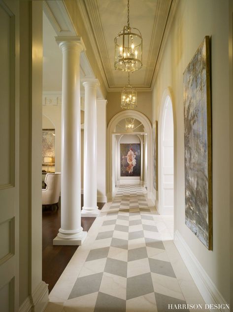 Elegant corridor separated from the Grand Salon by columns in this English Regency Estate by Harrison Design Arched Doorway, Georgian Style Homes, Harrison Design, Georgian Architecture, Foyer Decorating, Enchanted Home, Georgian Homes, Classical Architecture, Entry Foyer