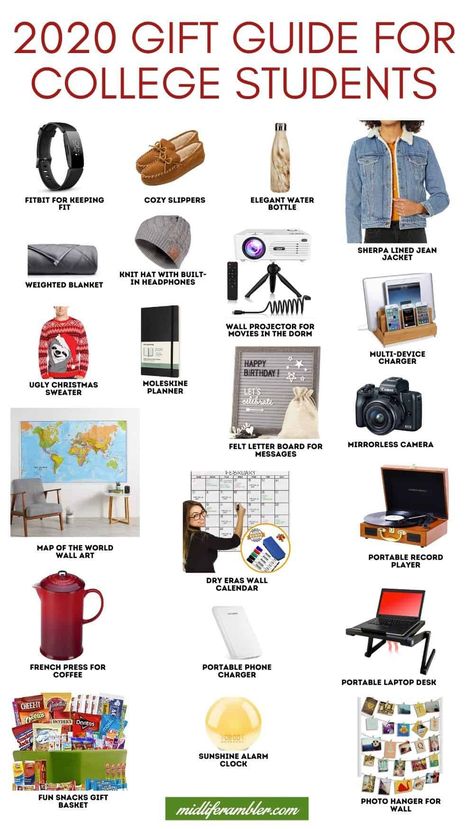 2020 Christmas Gift Guide - Gifts for College Students. We've got the best Christmas gifts for both girls and boys: useful gifts, practical gifts, gifts for the dorm room and gifts just for fun that your college students are sure to love. #giftguide #christmas2020 #christmasgiftguide #giftsforcollegestudents #midliferambler Christmas Gift Ideas For College Girl, College Gift Basket For Girls, Gifts For College Girls Ideas, College Student Christmas Gifts, College Christmas List, Off To College Gift Ideas, Gifts For University Students, Dorm Gift Basket, College Student Gift Ideas