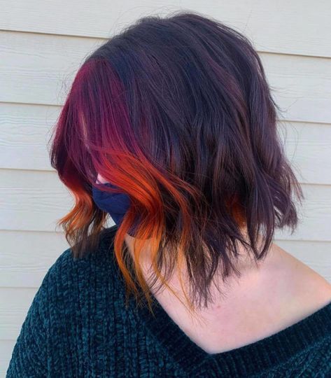 a Fun Color Money Piece Hair, Edgy Money Piece Hair, Halloween Money Piece Hair, Money Piece Fashion Color, Under Hair Dye With Money Piece, Ombre Money Piece Hair, Color Melt Money Piece, Multicolor Money Piece Hair, Dark Hair Copper Money Piece