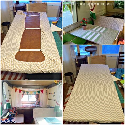 Use fitted crib sheets to cover your camper cushions.  They are economical and easy to remove for washing. Apache Camper, Cushions Ideas, Pop Up Princess, Camper Cushions, Popup Camper Remodel, Pop Up Trailer, Camping Vintage, Caravan Makeover, Camper Trailer Remodel