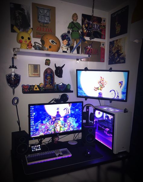 http://bit.ly/31eP9Y3 moved into my first house. My wife can have the rest of it this is my corner. Zelda Oc, Anime Rooms, Gaming Corner, Corner Gaming Desk, My First House, Small Game Rooms, Dorm Style, Computer Setups, Otaku Room