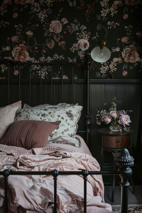 25 perfect examples of dark and moody bedrooms that you will want to collapse into. Bedroom Ideas Bedding, Feminine Bedrooms, Dark Feminine Bedroom, Dark Bedroom Ideas, Beautiful Bedroom Inspiration, Dark And Moody Bedroom, Modern Coastal Decor, Victorian Bedroom, Floral Bedroom