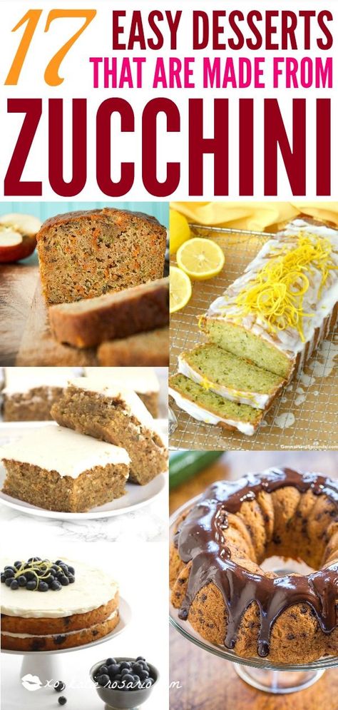 17 Easy Dessert Recipes That Are Made From Zucchini | Did you know that you can create delicious dessert recipes out of zucchini? There’s a good chance you have more zucchini in the house than you know what to do with. If only all vegetables could be this sweet. Now that I know what to do with zucchini, I am beyond happy to make tasty breads, cakes, cookies and brownies all made from zucchini! Happy pinning! #xokatierosario #zucchinidesserts #zucchinirecipes #zucchinibread Dessert Recipes Using Zucchini, Cake Made With Vegetables, Desserts Made With Zucchini, Zucchini Recipes Sweet, Sweet Zucchini Recipes, Healthy Zucchini Desserts, Zucchini Sweet Recipes, Zucchini Cookies Recipes, What To Do With Zucchini