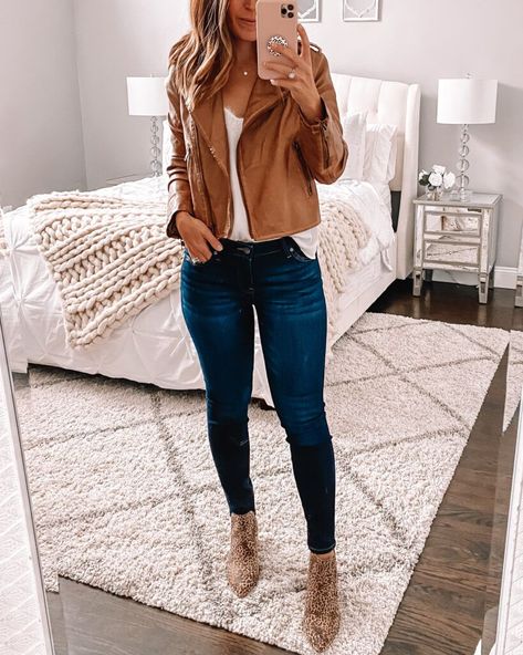 tan moto jacket outfit with leopard boots Cognac Jacket Outfit, Amazon Winter Fashion 2022, Tan Leather Jacket Outfit, Amazon Fall Fashion 2022, Tan Jacket Outfit, Leather Moto Jacket Outfit, Brown Leather Jacket Outfit, Womens Leather Jacket Outfit, Suede Jacket Outfit